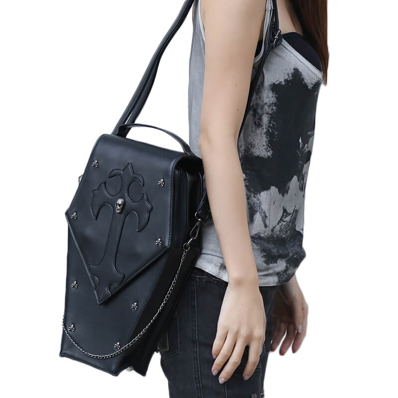 Coffin Shape Gothic Shoulder Bags With Cross Pattern And Skull