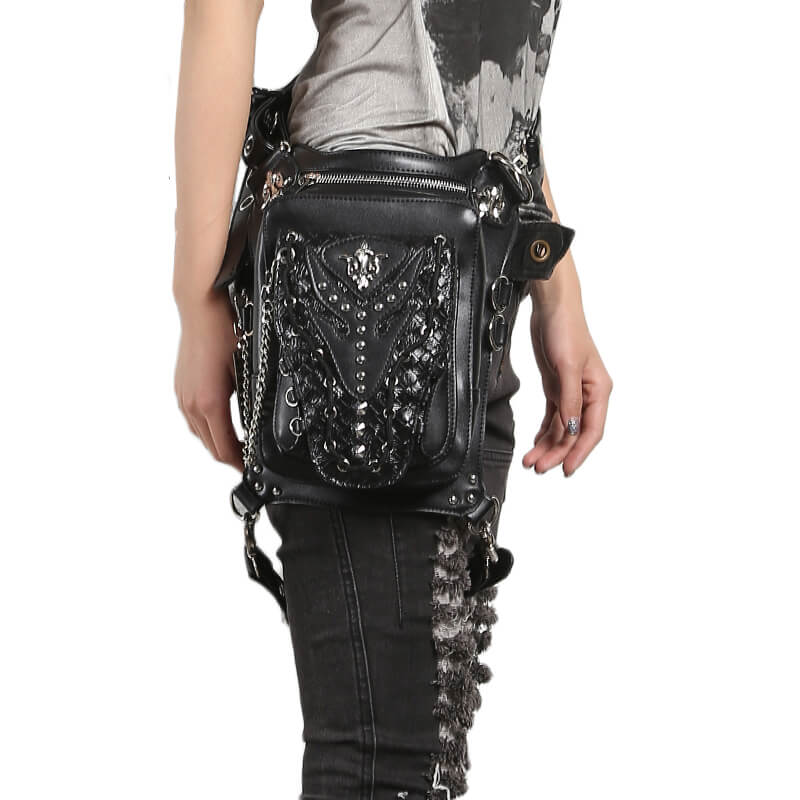 Black Steampunk Waist Bags Unisex Motorcycle Leather Thigh Packs