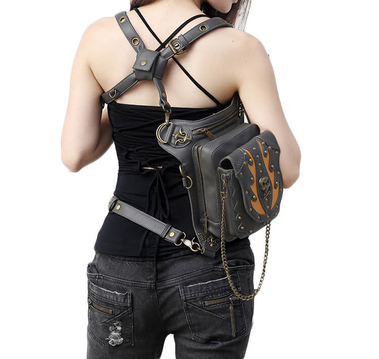 Steampunk Waist Bags Unisex Skull Leather Cross Body Thigh Packs detail 10
