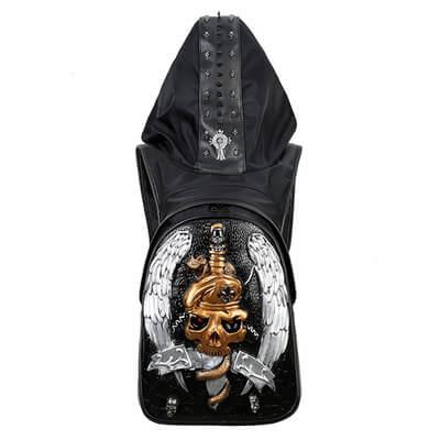 3D skull knife leather backpack rivets skull backpack with Hood cap apparel bag cross bags hiphop man 6