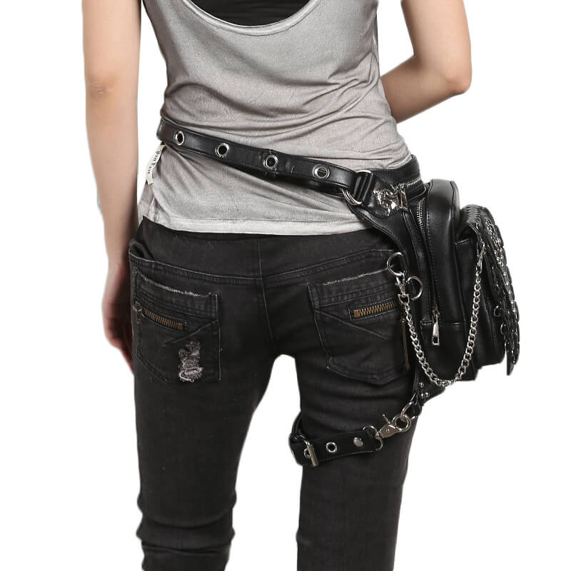 Black Steampunk Waist Bags Unisex Motorcycle Leather Thigh Packs